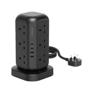 Powerology 12 AC Sockets Gan Tower Hub 15W Wireless Charger 3M-Black