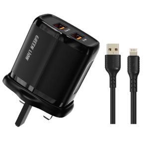 Green Lion Dual 2 USB 2.4A Charger + USB-A Cable 1M UK Plug 12W - Dark Green