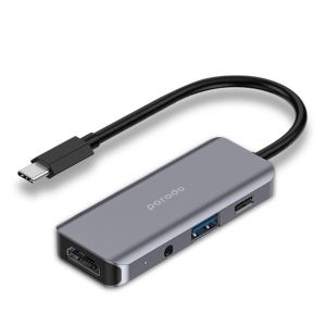 Porodo 4 in 1 USB-C Hub Type-C PD 100W USB 3.5mm AUX - Grey
