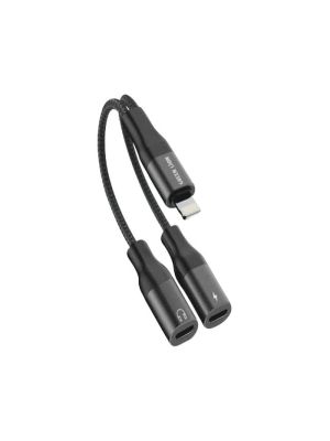Green Lion 2 in 1 Splitter Adapter (Lightning to Lightning Charging +3.5MM (Audio) - Black